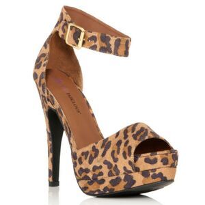 JUSTFAB Faux Suede Animal Print Heels Ankle Strap Black Brown